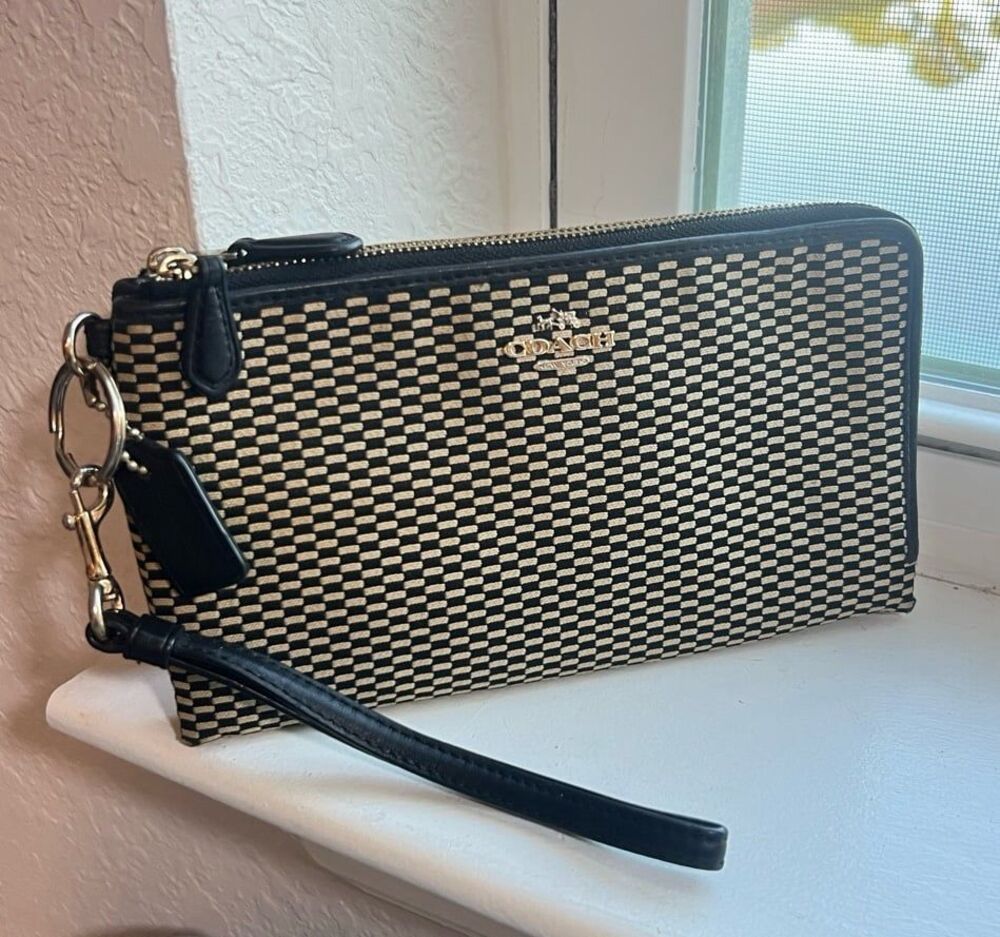 Coach Legacy Jacquard Fabric Double Corner Zip Wristlet Wallet in Black and Tan
